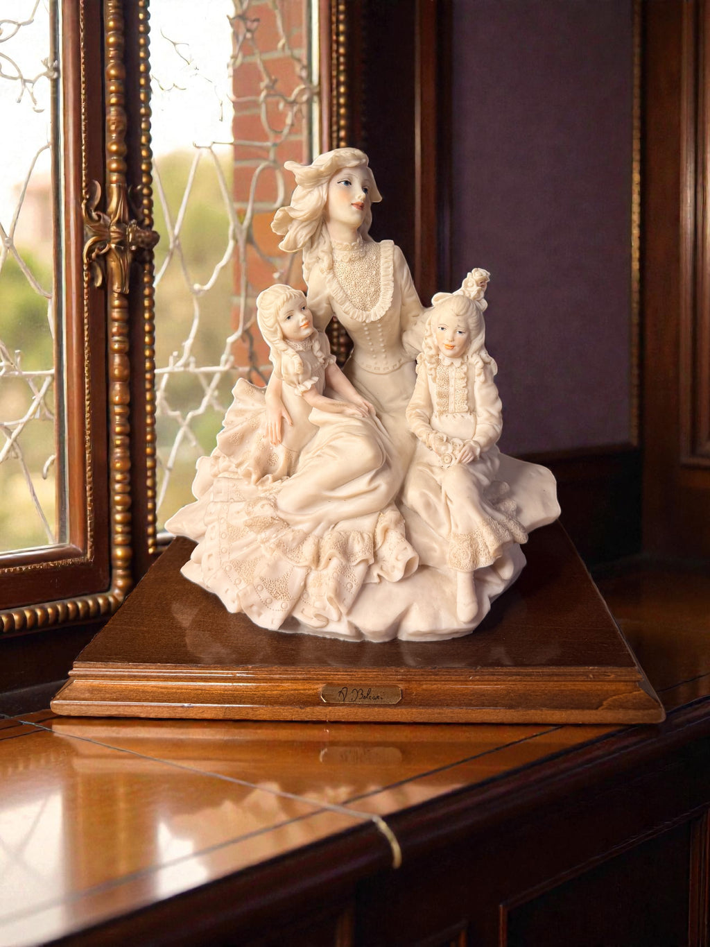 Signed Italian Biscuit Porcelain Figurative Group Sculpture on Wooden Base – A. Belcari