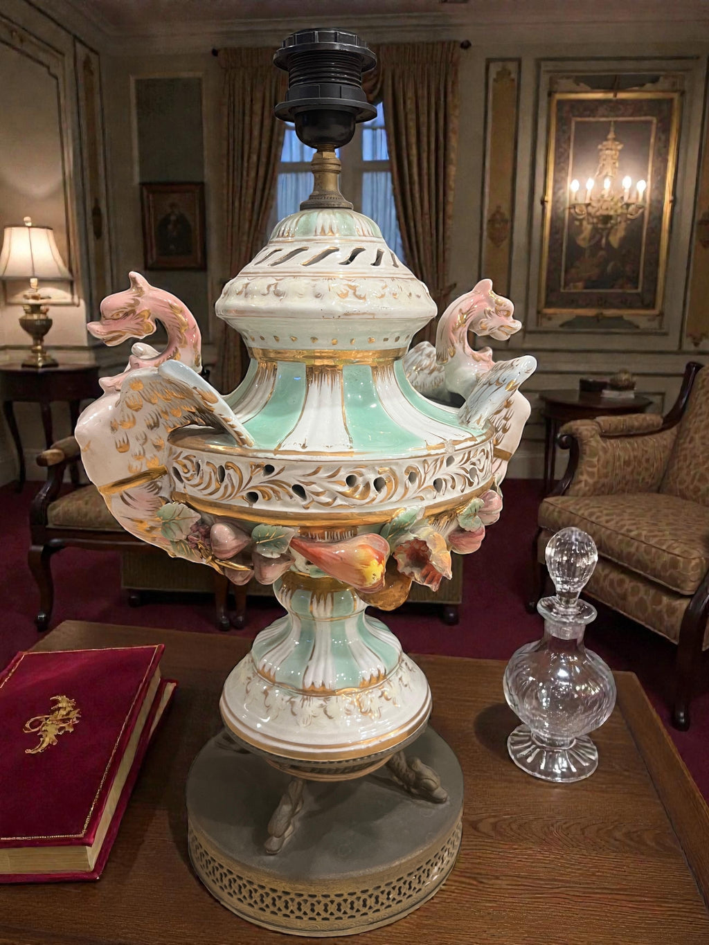 Pair of Antique Italian Capodimonte Porcelain Dragon Lamps