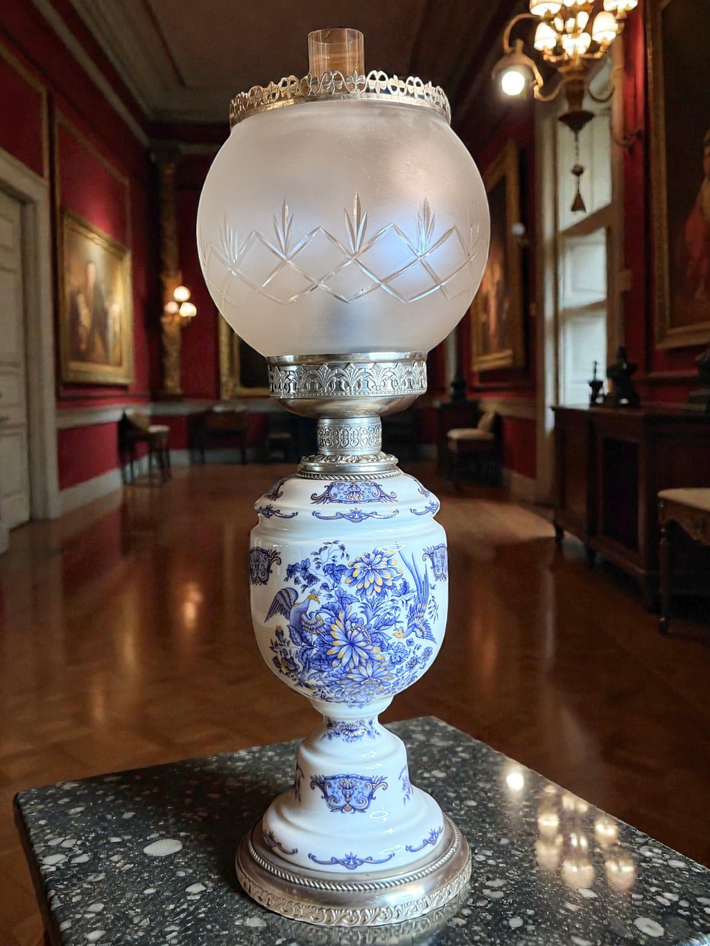 Vintage Dutch Delft Blue Ceramic Table Lamp with Frosted Glass Globe