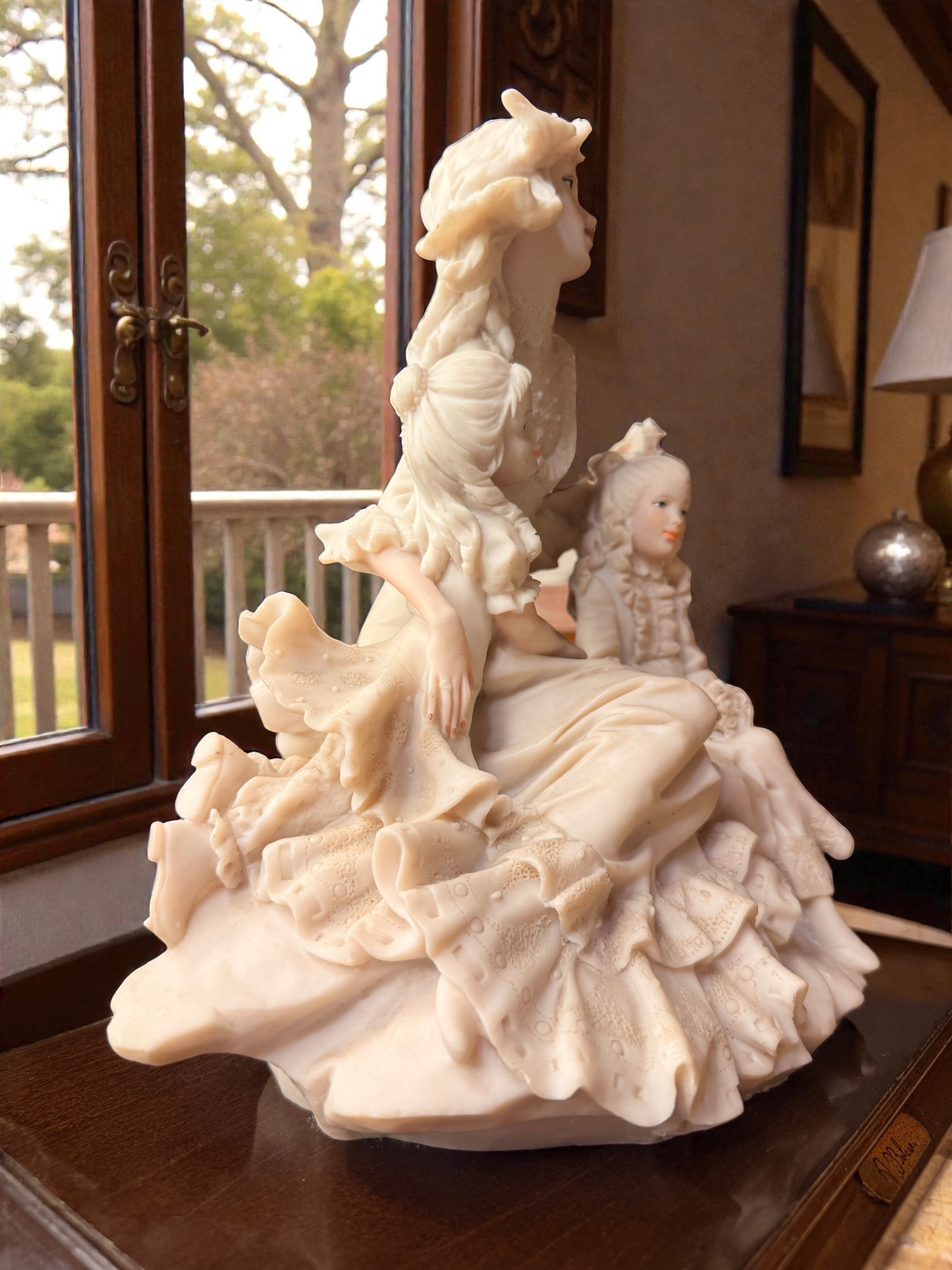 Signed Italian Biscuit Porcelain Figurative Group Sculpture on Wooden Base – A. Belcari