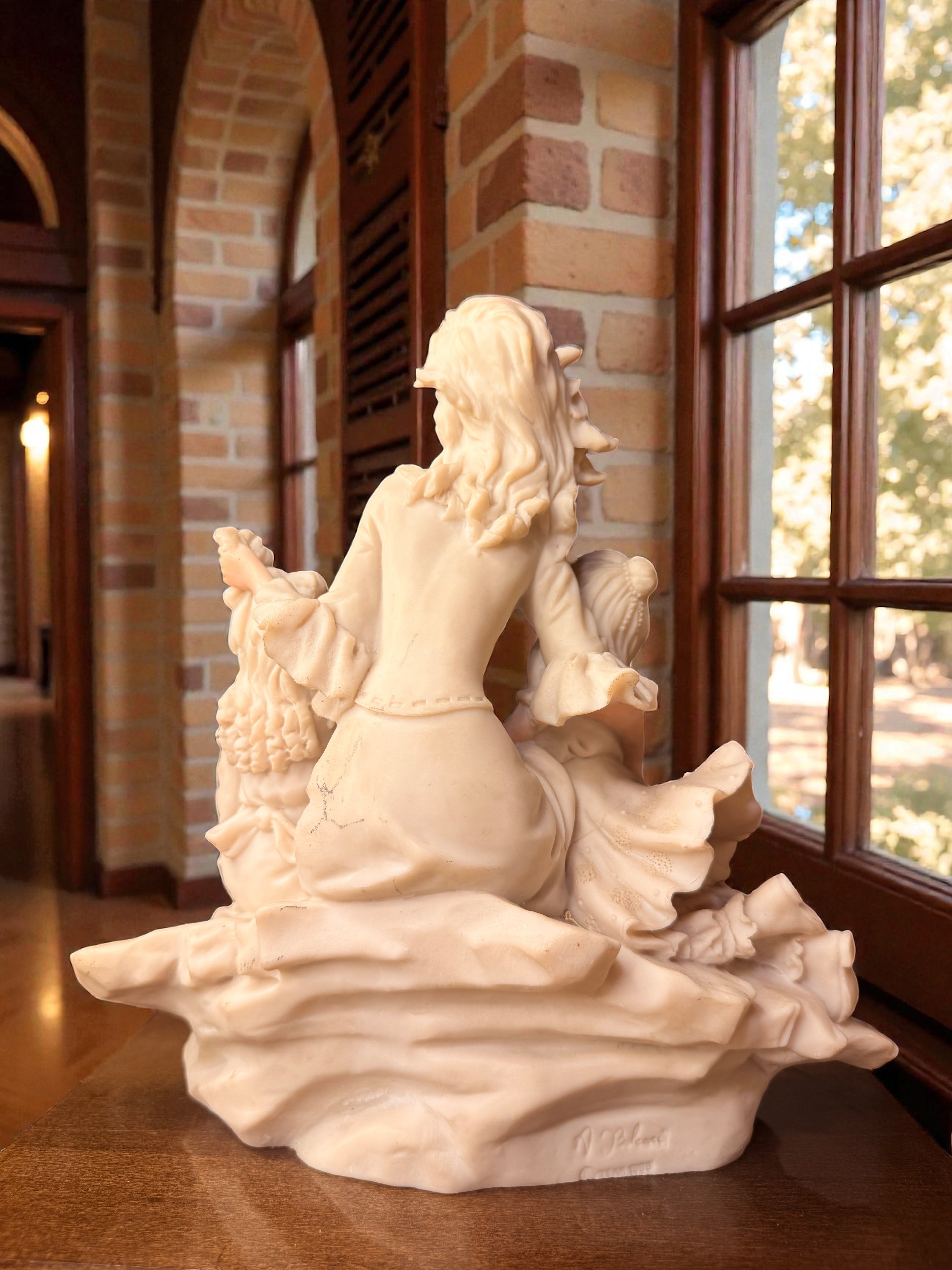 Signed Italian Biscuit Porcelain Figurative Group Sculpture on Wooden Base – A. Belcari