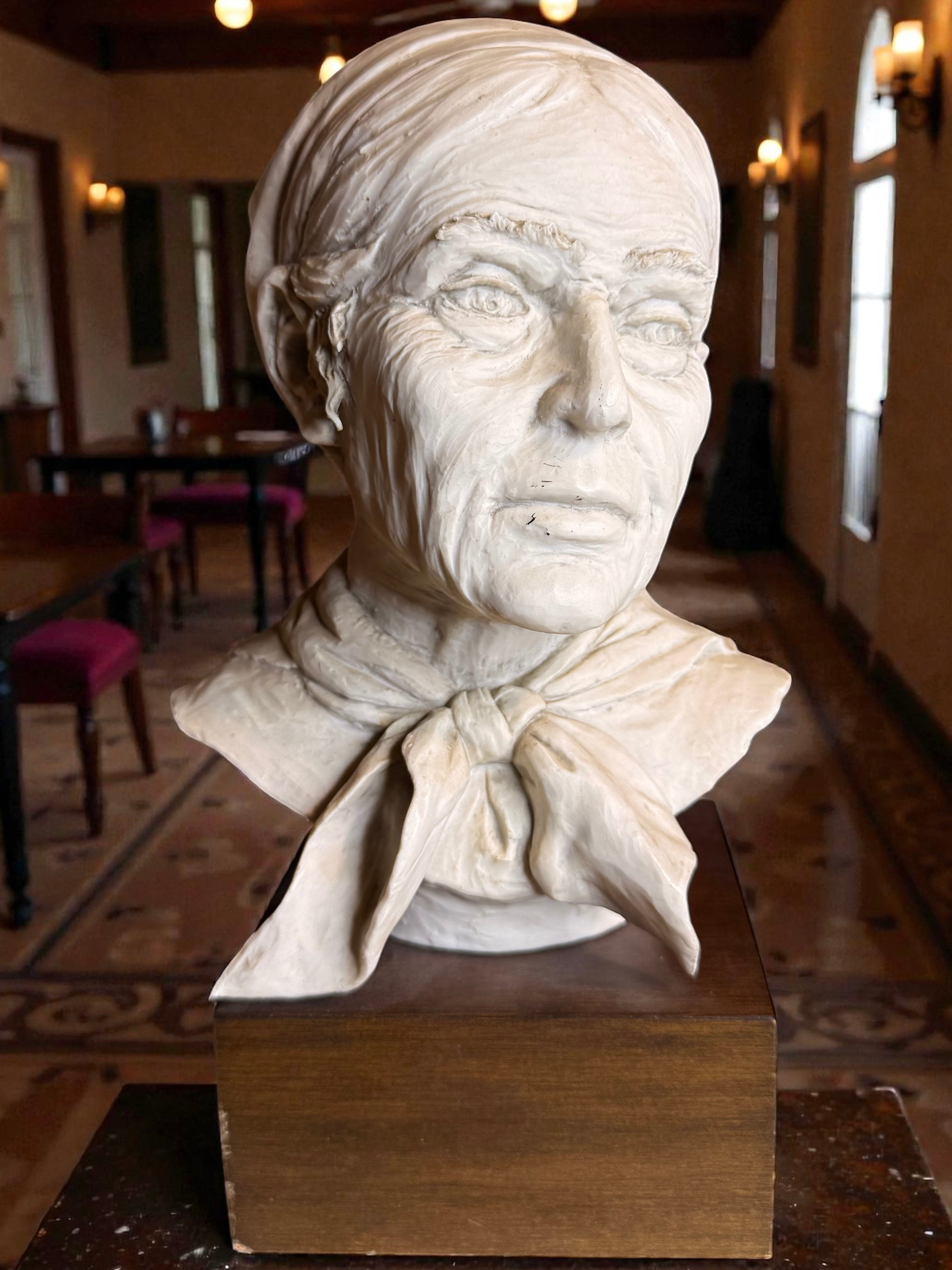 Signed Vintage Portrait Bust Sculpture on Wooden Base – Dutch, 1978