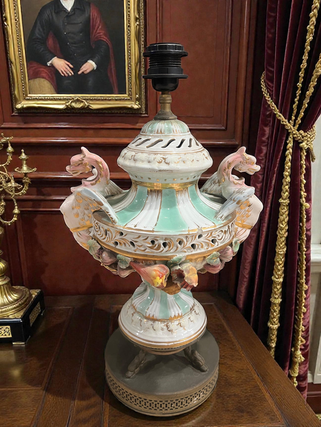 Pair of Antique Italian Capodimonte Porcelain Dragon Lamps