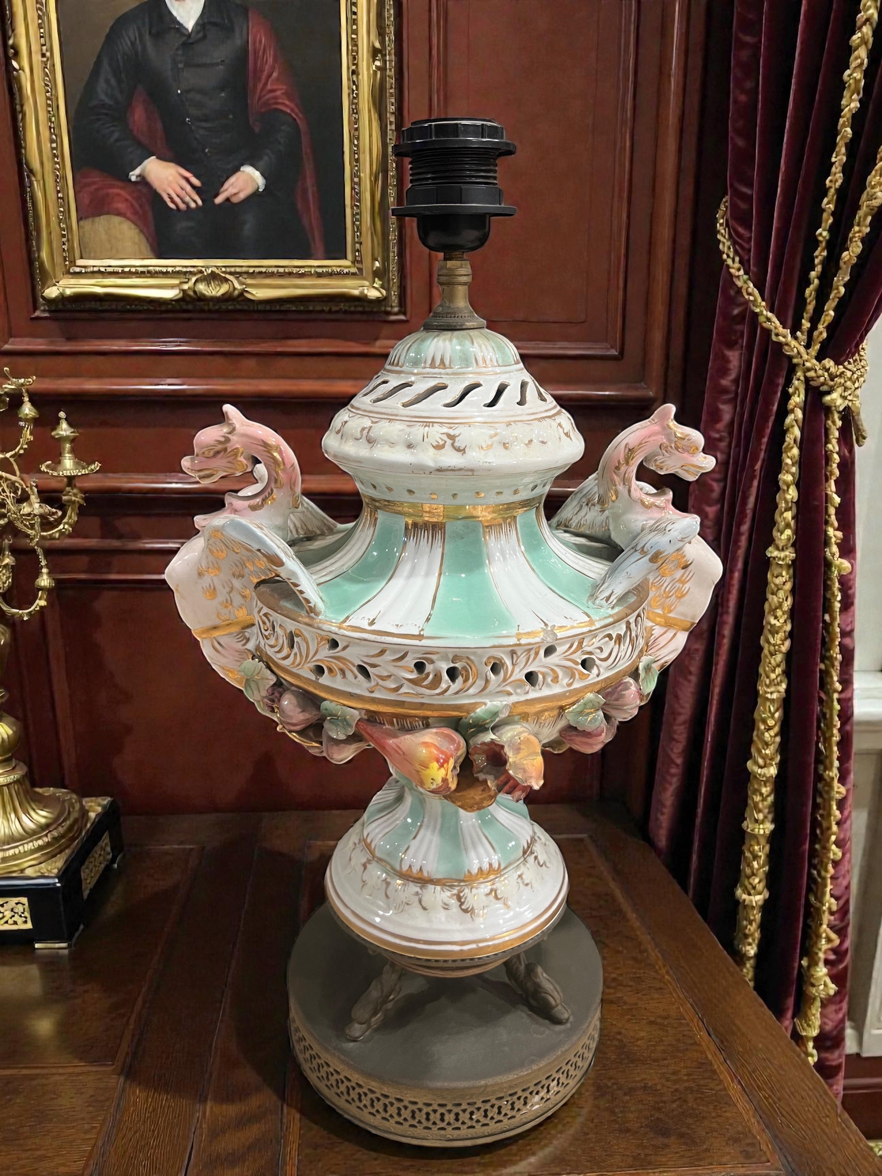 Pair of Antique Italian Capodimonte Porcelain Dragon Lamps