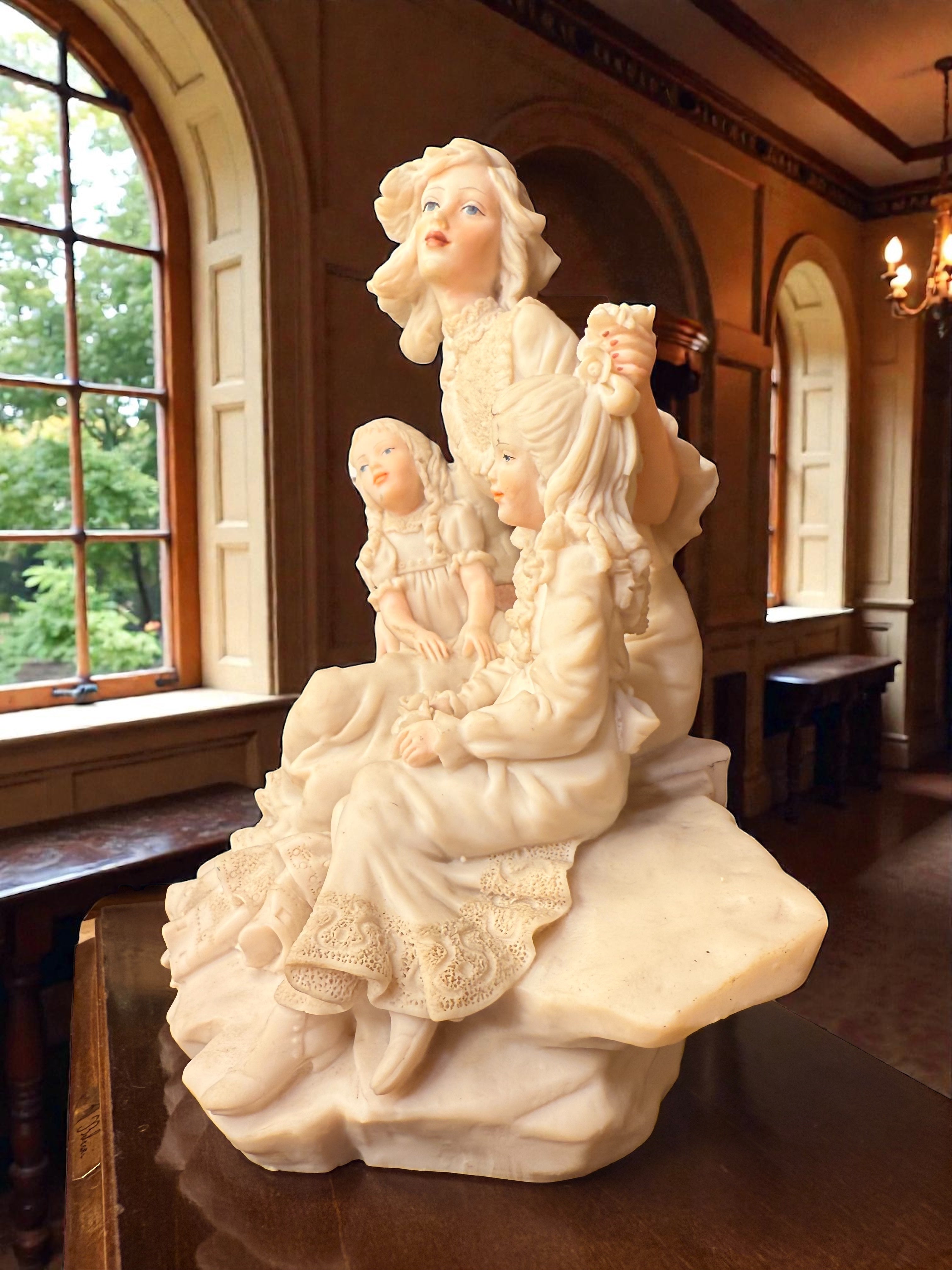 Signed Italian Biscuit Porcelain Figurative Group Sculpture on Wooden Base – A. Belcari