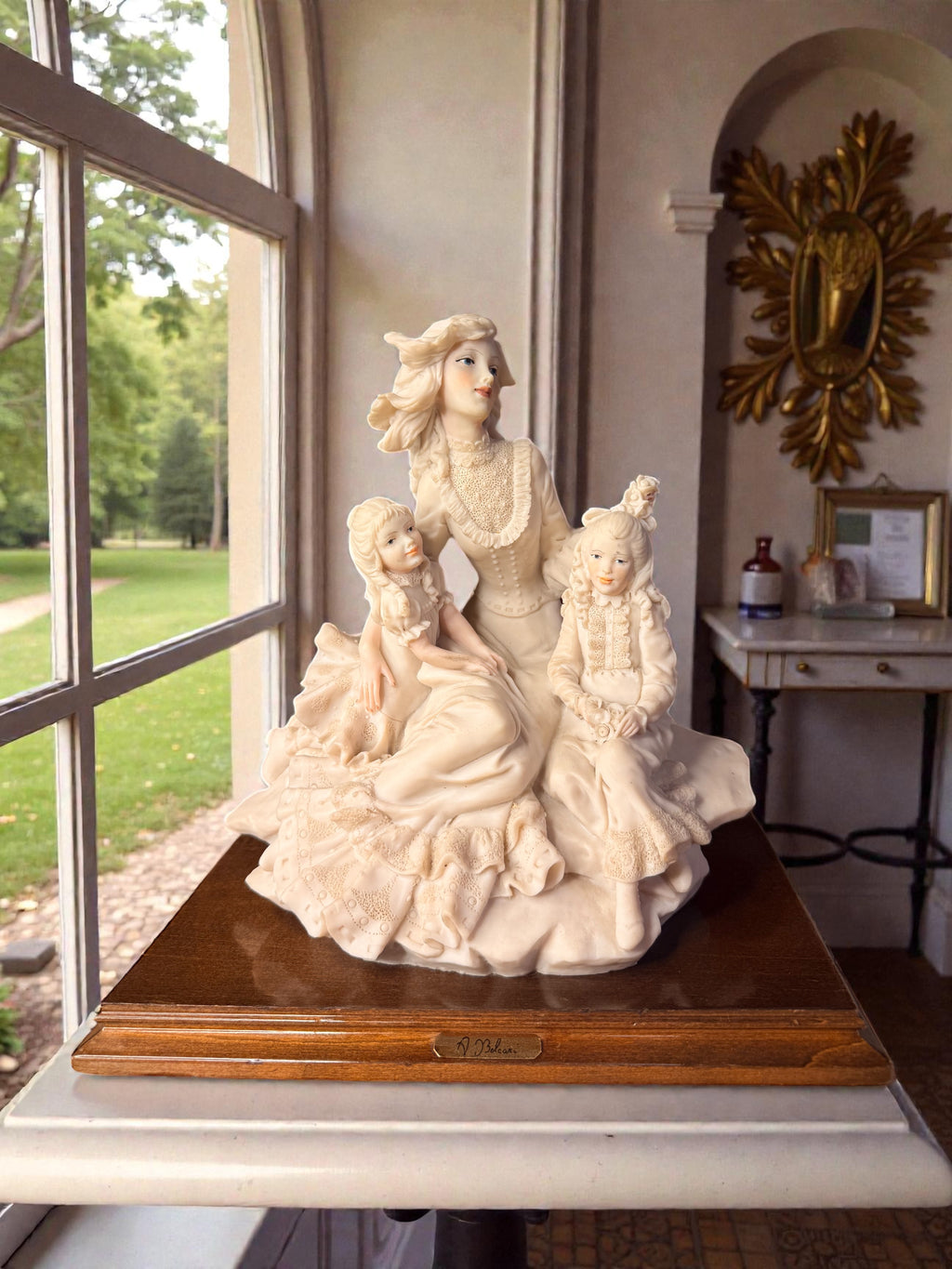Signed Italian Biscuit Porcelain Figurative Group Sculpture on Wooden Base – A. Belcari